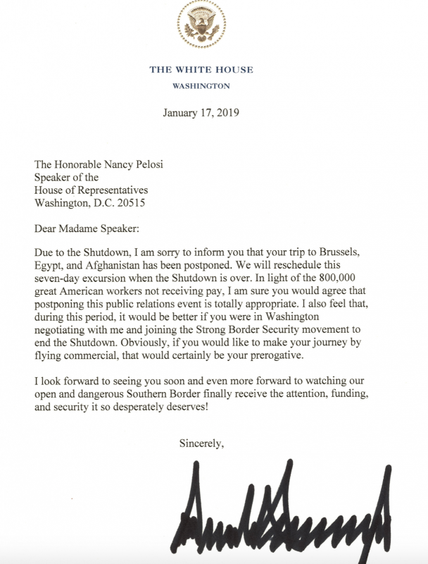 Trump Trolls Pelosi In 'Shutdown' Letter - Postponing Her Trips Abroad ...